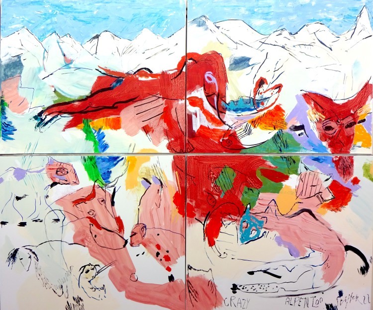 Art Alarm – Wolfgang Stifter, Crazy Alpenzoo, 2022, Öl/Eitempera auf Leinwand, vierteilig, 200 x 240 cm