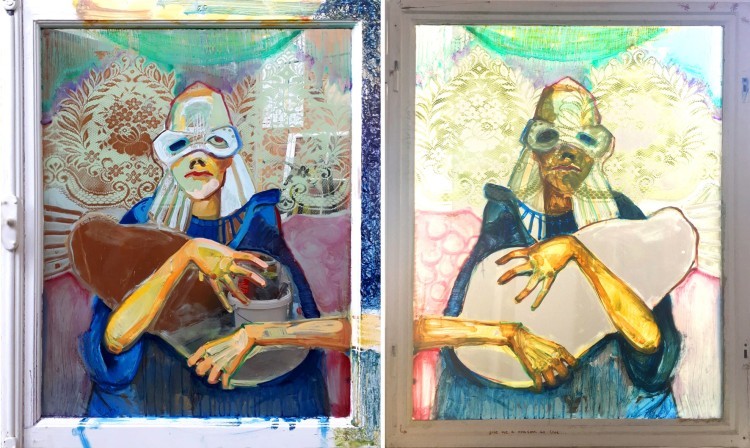 Art Alarm – Shalva Gelitashvili, Give Me A Reason To Live, 2022, Öl, Sprayfarbe auf Glasscheibe (beidseitig), 97 x 78 x 4 cm