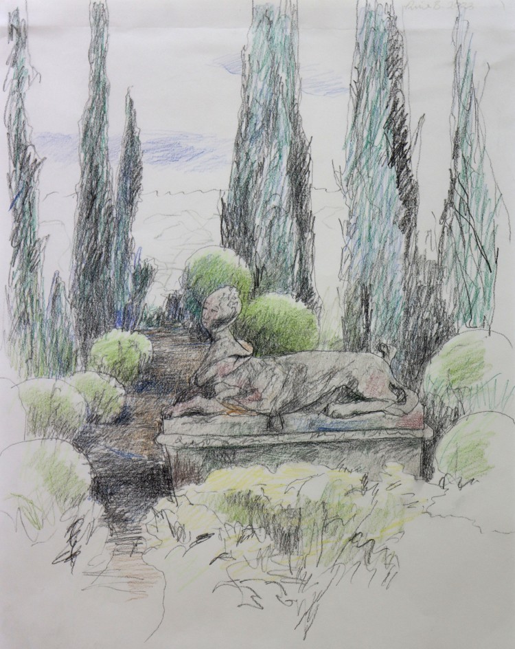 Art Alarm – Rina Böcher: Ein Garten In Frankreich, 2023, Bleistift und Buntstift auf Papier, 52,5 x 42 cm