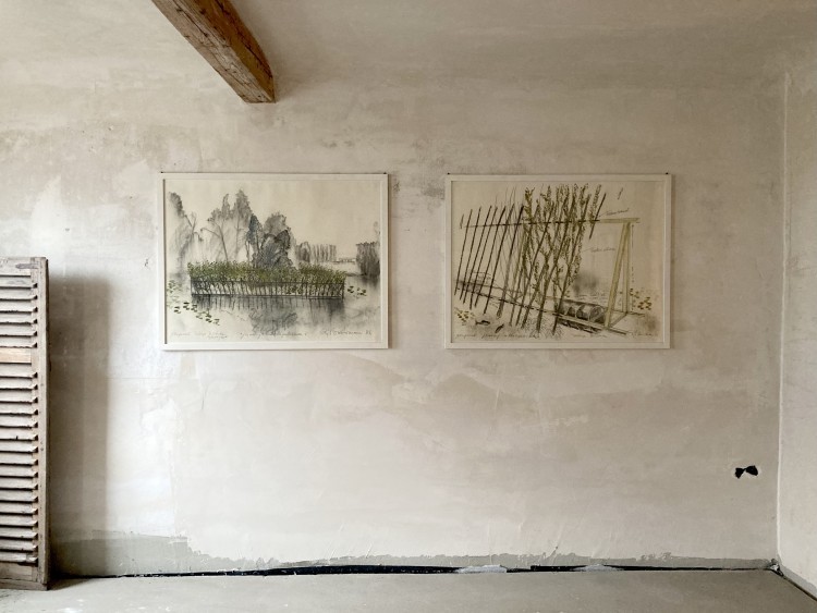 Art Alarm – SJŒRD BUISMAN, Proposal Schloss Solitude Stuttgart, diptyque, drawings, Floating Willow Palissade, 1986, text, graffiti, gouach, watercolour, each 75 x 100 cm, dated, signed