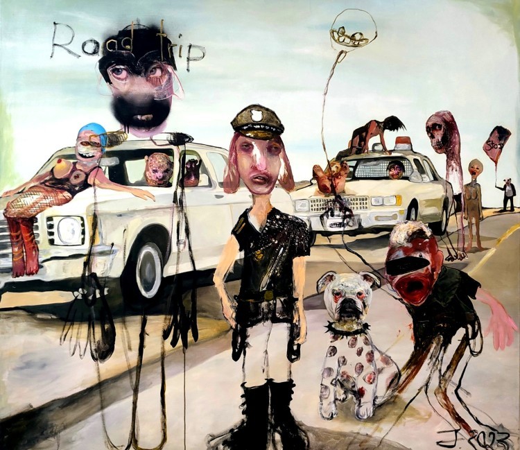 Art Alarm – Juliane Hundertmark, Roadtrip, 2019/23, Öl und Collage, 150 x 170 cm